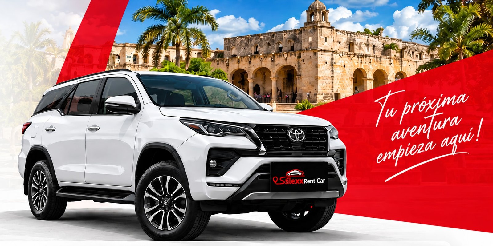 Toyota Fortuner Slexx Rent Car frente a un monumento histórico de República Dominicana